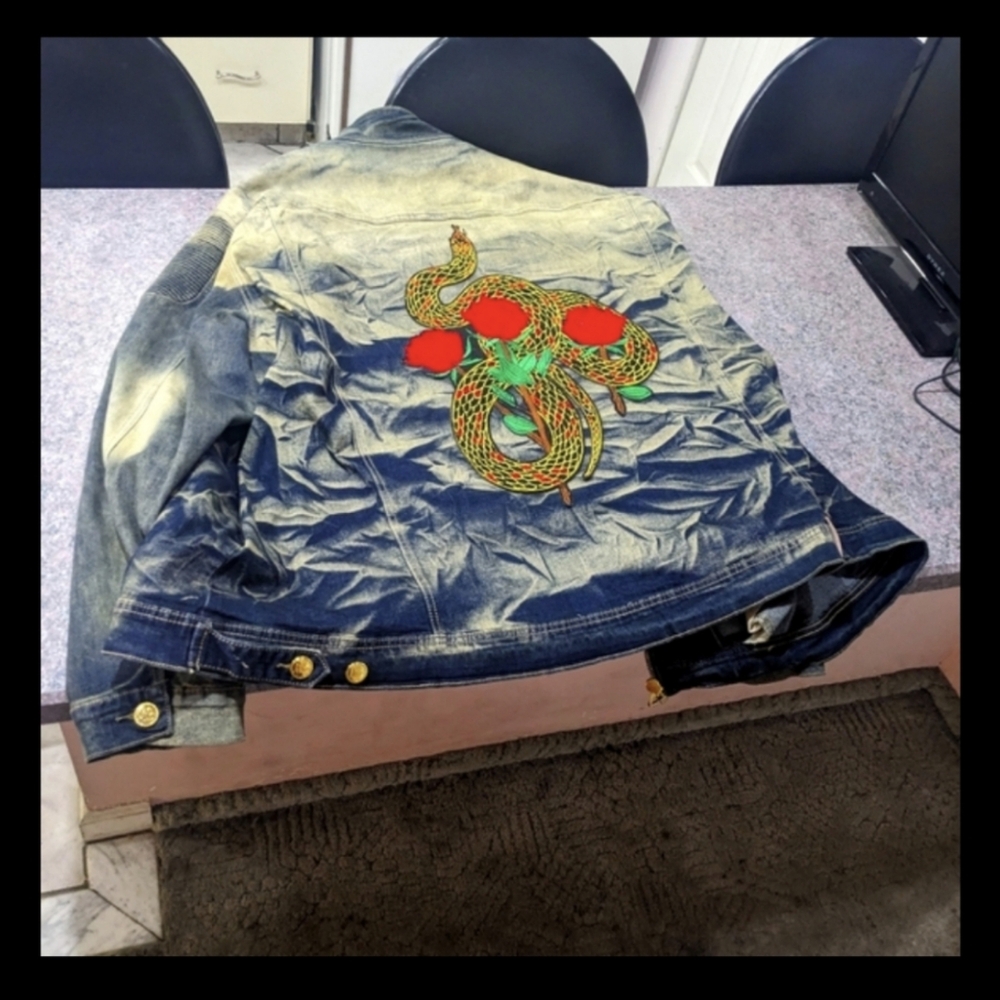 Makobi Denim Biker Jacket Snake Roses Zip Up With Pockets